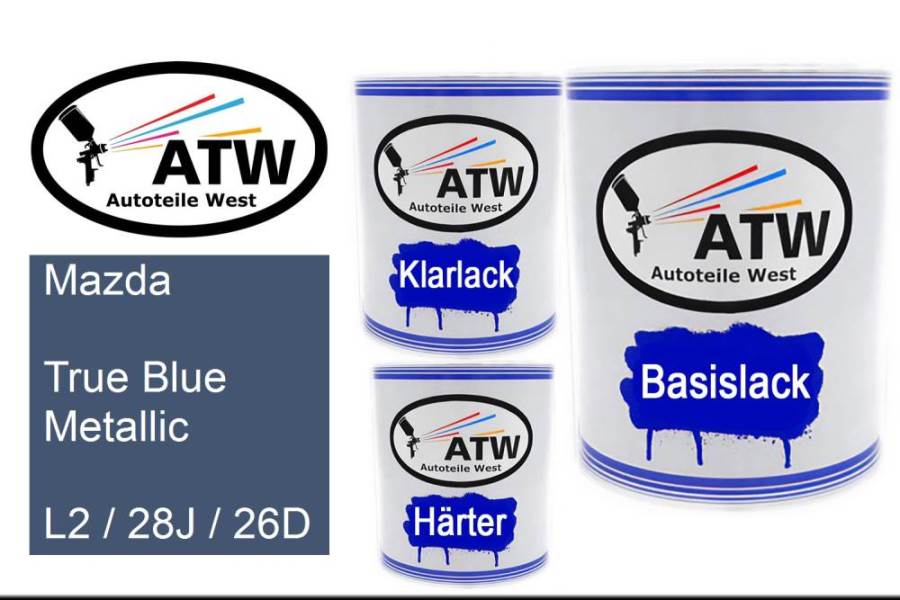 Mazda, True Blue Metallic, L2 / 28J / 26D: 1L Lackdose + 1L Klarlack + 500ml Härter - Set, von ATW Autoteile West.